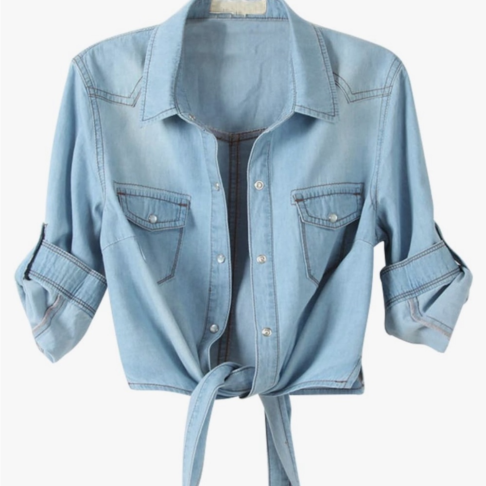 Adorable chambray tie front top